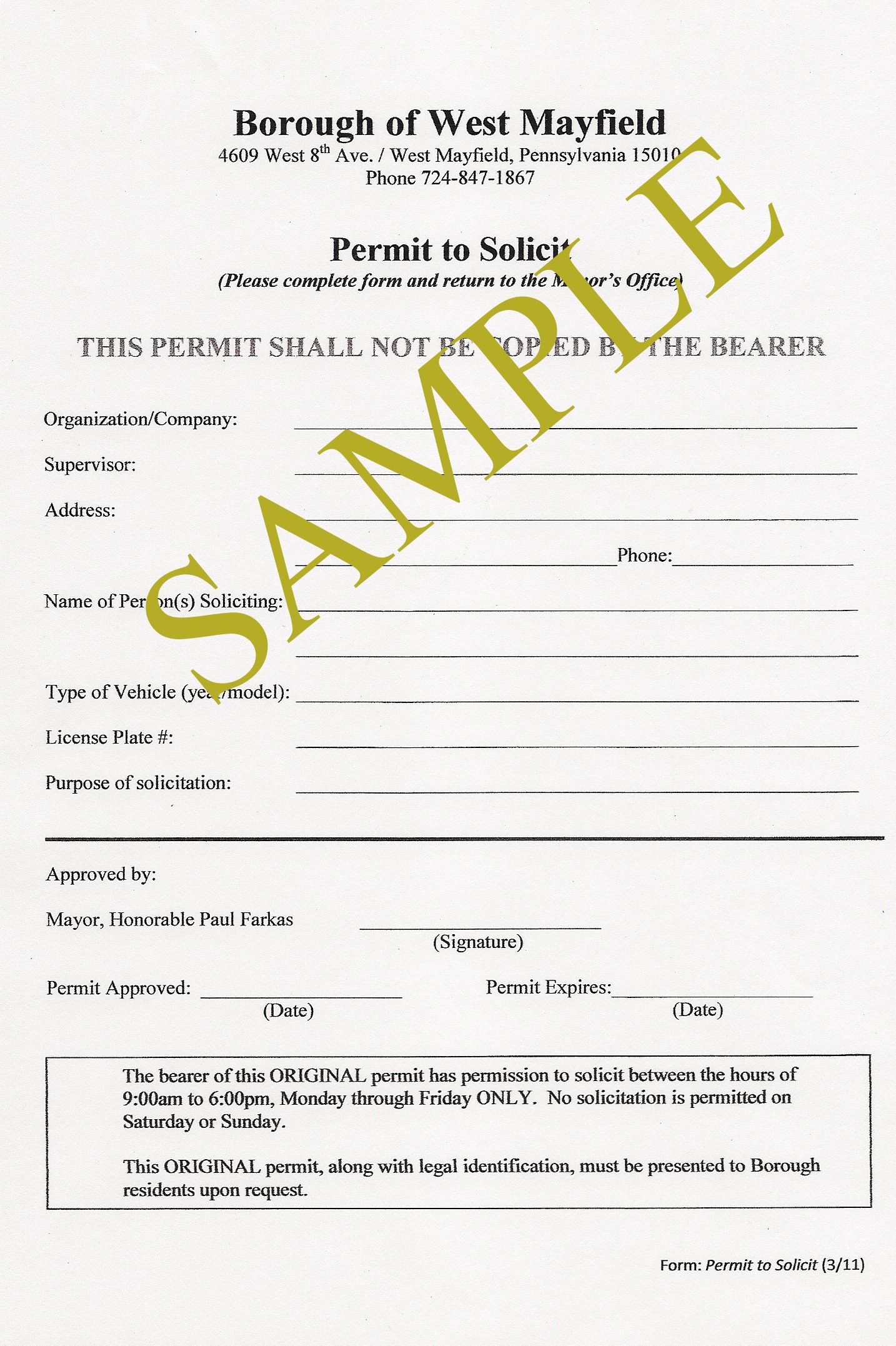 Sample Solicitation Permit West Mayfield Borough